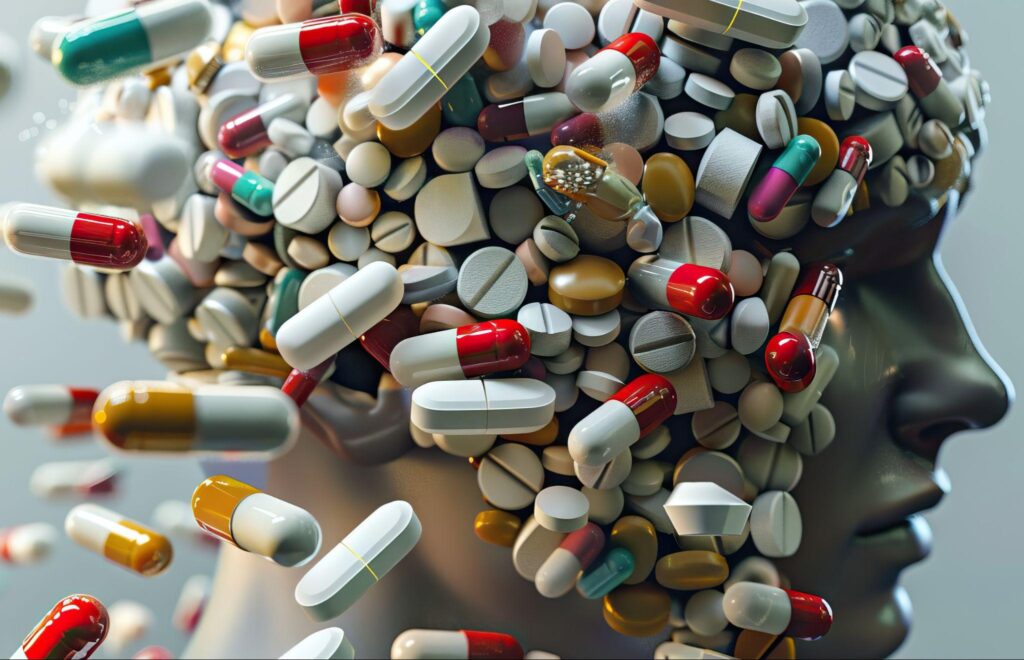 a person with a highlighted brain affected by prescription drugs