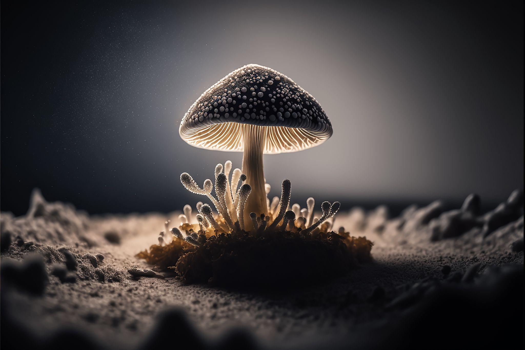 Close up of a psilocybin mushroom on a piece of dirt.