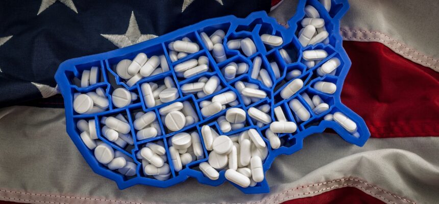 hydrocodone pharmaceutical pills on the American flag
