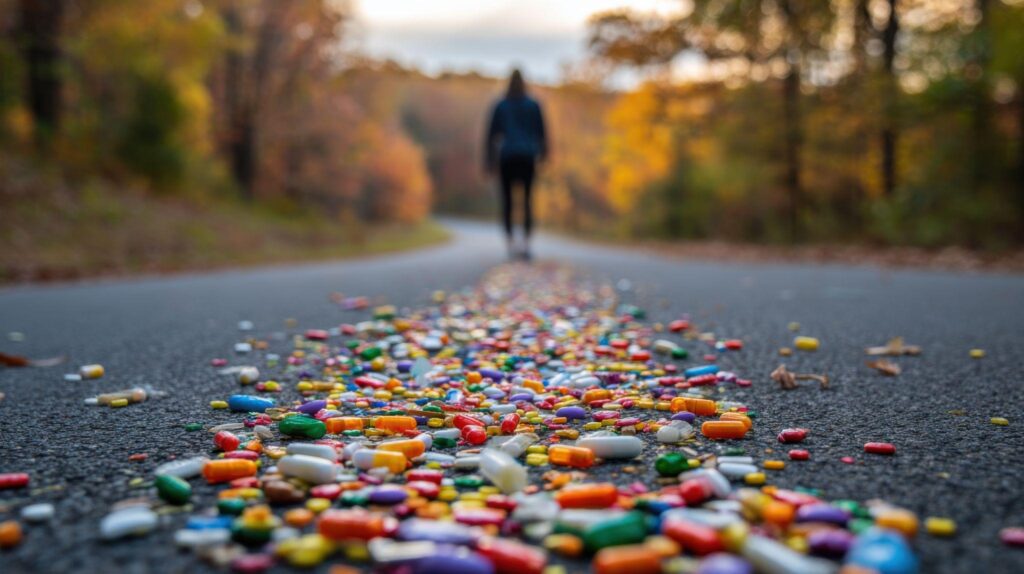 person walking away on a pill strewed autumn road